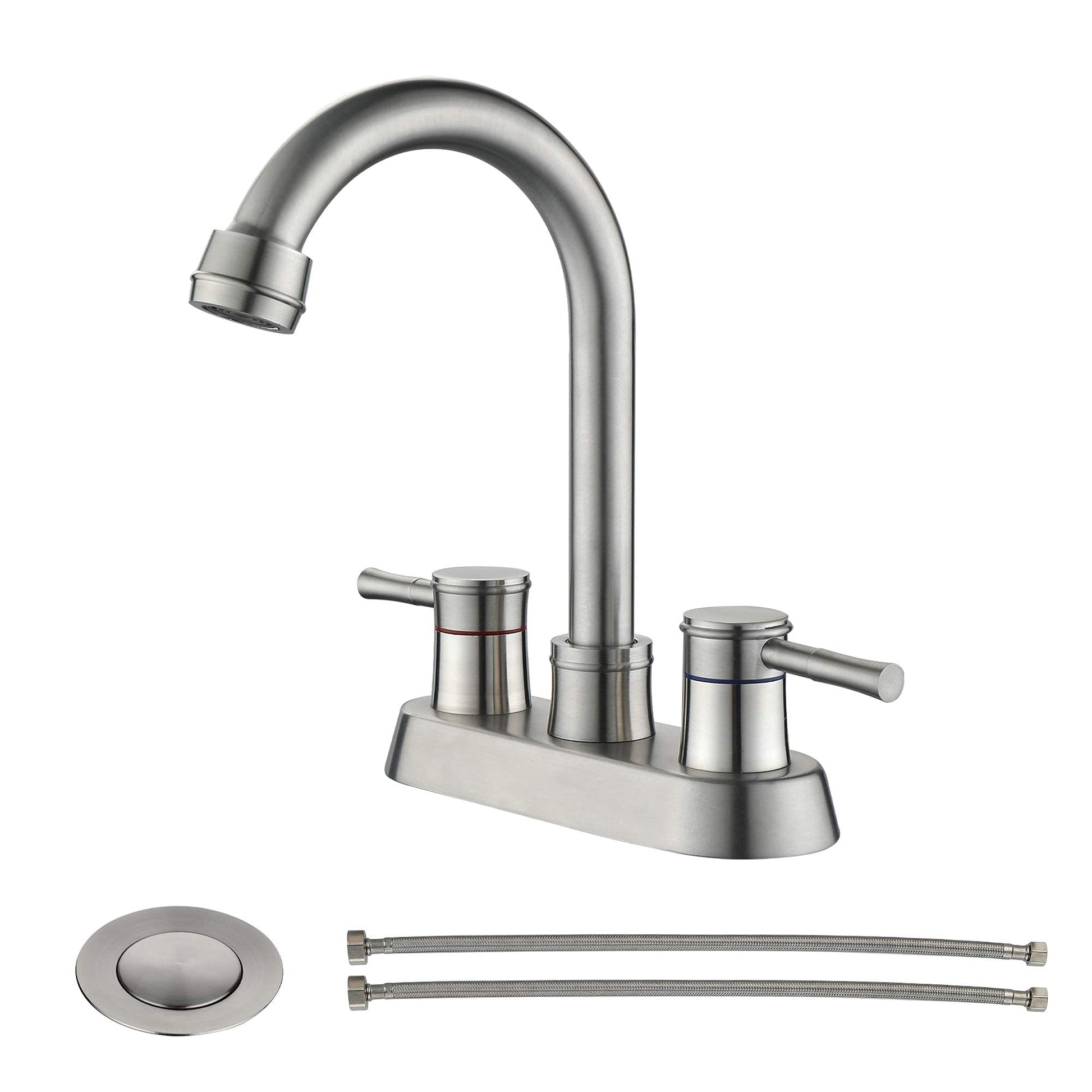 Bathroom Faucet with Pop-Up Sink Drain, Brushed Nickel Bathroom Sink Faucet 3-Hole Stainless Steel High Arc, Supply Utility Hose for Laundry Vanity Sink Faucet 2 Handle with Overflow