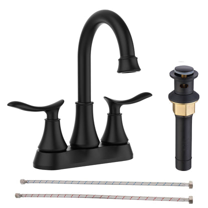 Bathroom Faucet Matt Black with Pop-up Drain & Supply Hoses 2-Handle 360 Degree High Arc Swivel Spout Centerset 6 Inch Vanity Sink Faucet