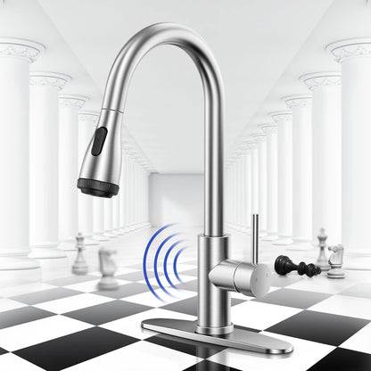 Touchless Kitchen Faucet-Smart Kitchen Sink Faucet sensor, 4Mode Pull Down Kitchen Sprayer, Fingerprint Resistant, Dual Temp. Handle with 1/3 Hole Deck Plate, Stainless Steel, Brushed Nickel