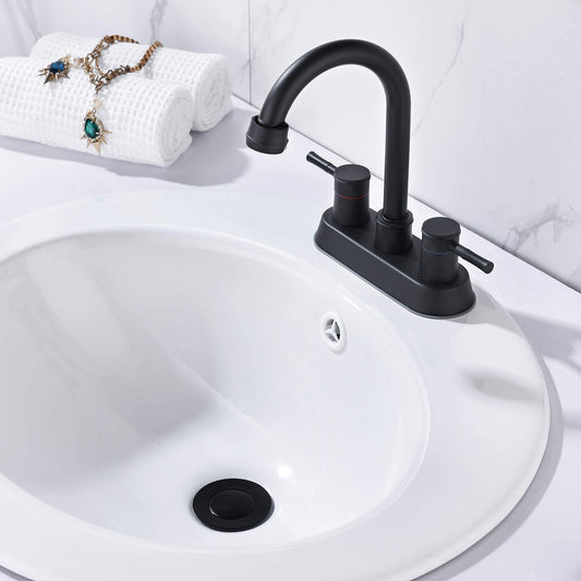 Bathroom Faucet with Pop-Up Sink Drain, Matte Black Bathroom Sink Faucet 3-Hole Stainless Steel High Arc, Supply Utility Hose for Laundry Vanity Sink Faucet 2 Handle with Overflow