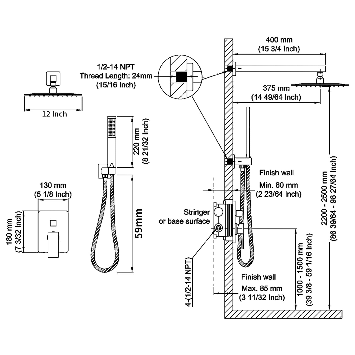 Shower System Shower Faucet Combo Set Wall Mounted with 12" Rainfall Shower Head and handheld shower faucet, Chrome Finish with Brass Valve Rough-In