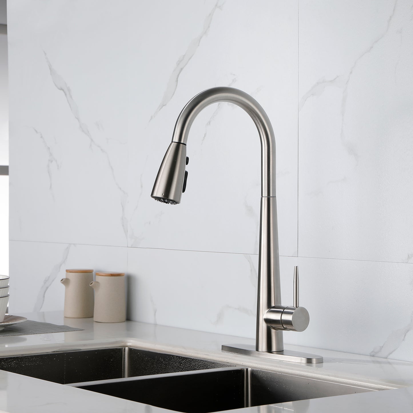 Kitchen Faucet with Pull Down Sprayer Brushed Nickel, High Arc Single Handle Kitchen Sink Faucet with Deck Plate, Commercial Modern Stainless Steel Kitchen Faucets