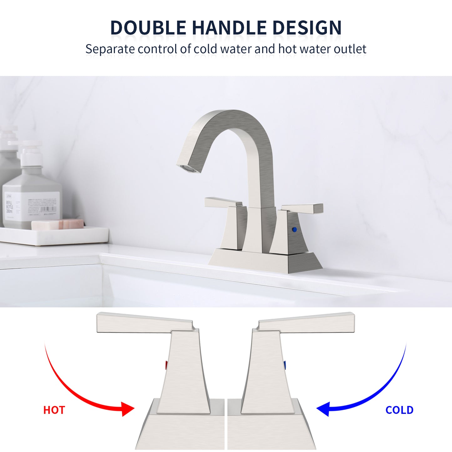 Bathroom Sink Faucet Brushed Nickel 2-Handle 4 Inch Center-Set Bathroom Sink Faucet, Sink Drain with Overflow Hole and 2 Supply Lines Included, Modern Vanity Basin Faucet