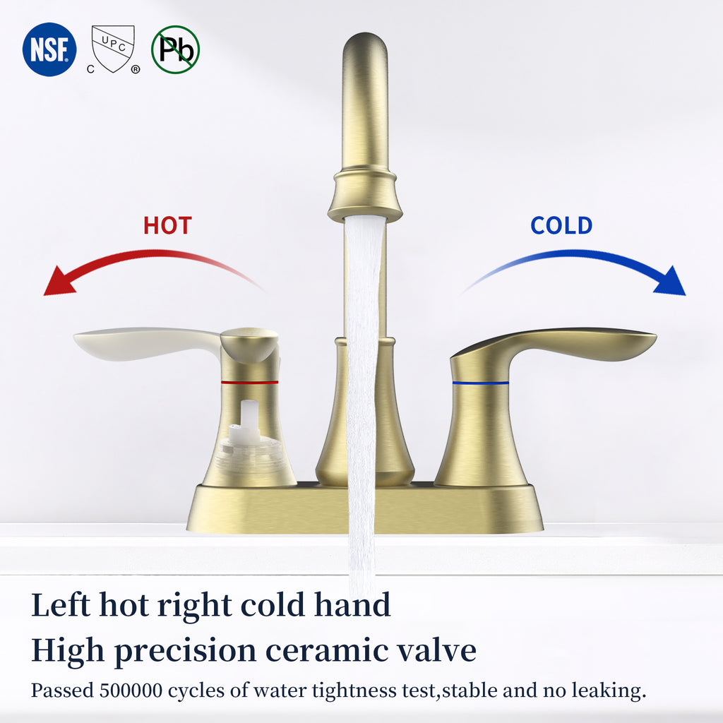 Bathroom Faucet Brushed Gold with Pop-up Drain & Supply Hoses 2-Handle 360 Degree High Arc Swivel Spout Centerset 4 Inch Vanity Sink Faucet