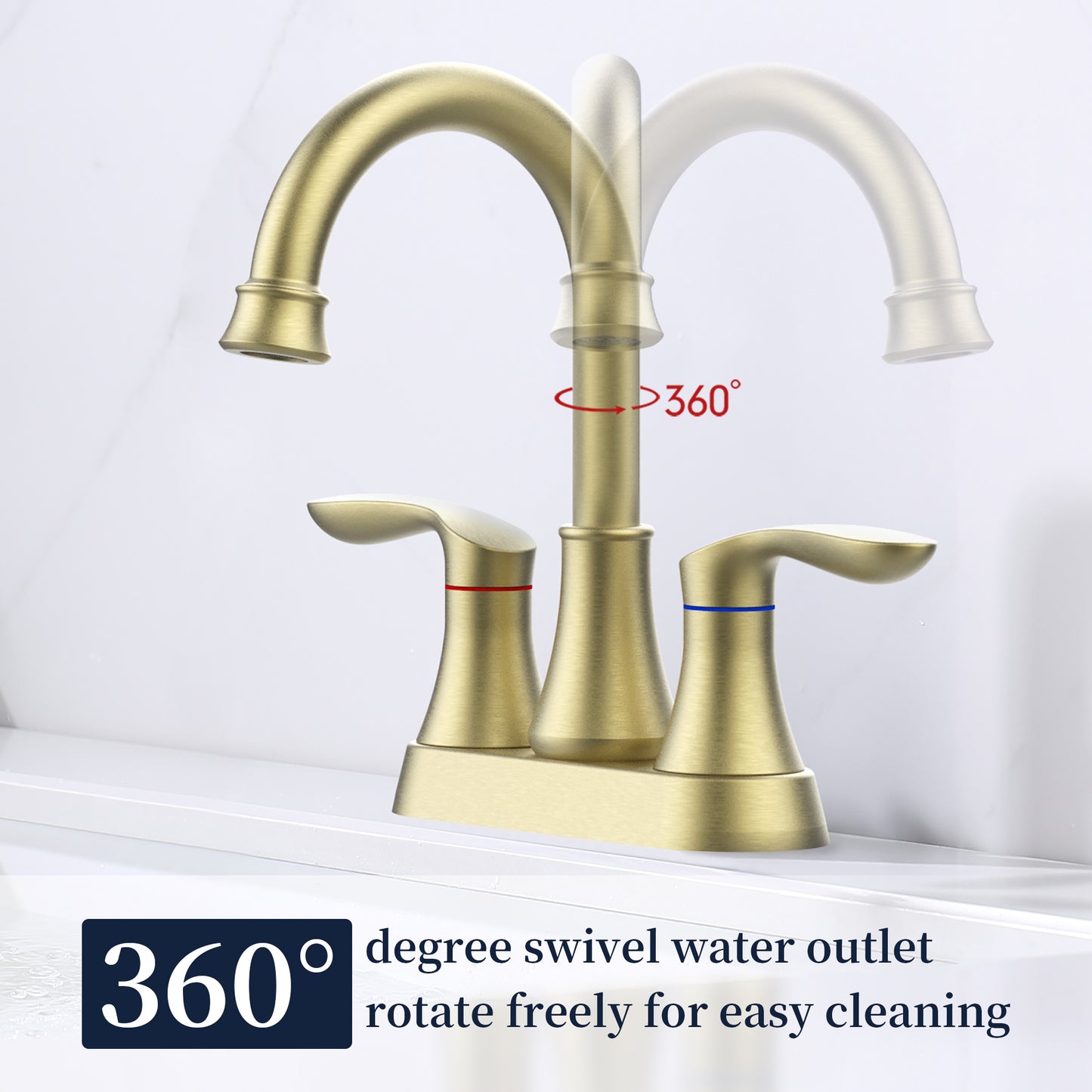 Bathroom Faucet Brushed Gold with Pop-up Drain & Supply Hoses 2-Handle 360 Degree High Arc Swivel Spout Centerset 4 Inch Vanity Sink Faucet