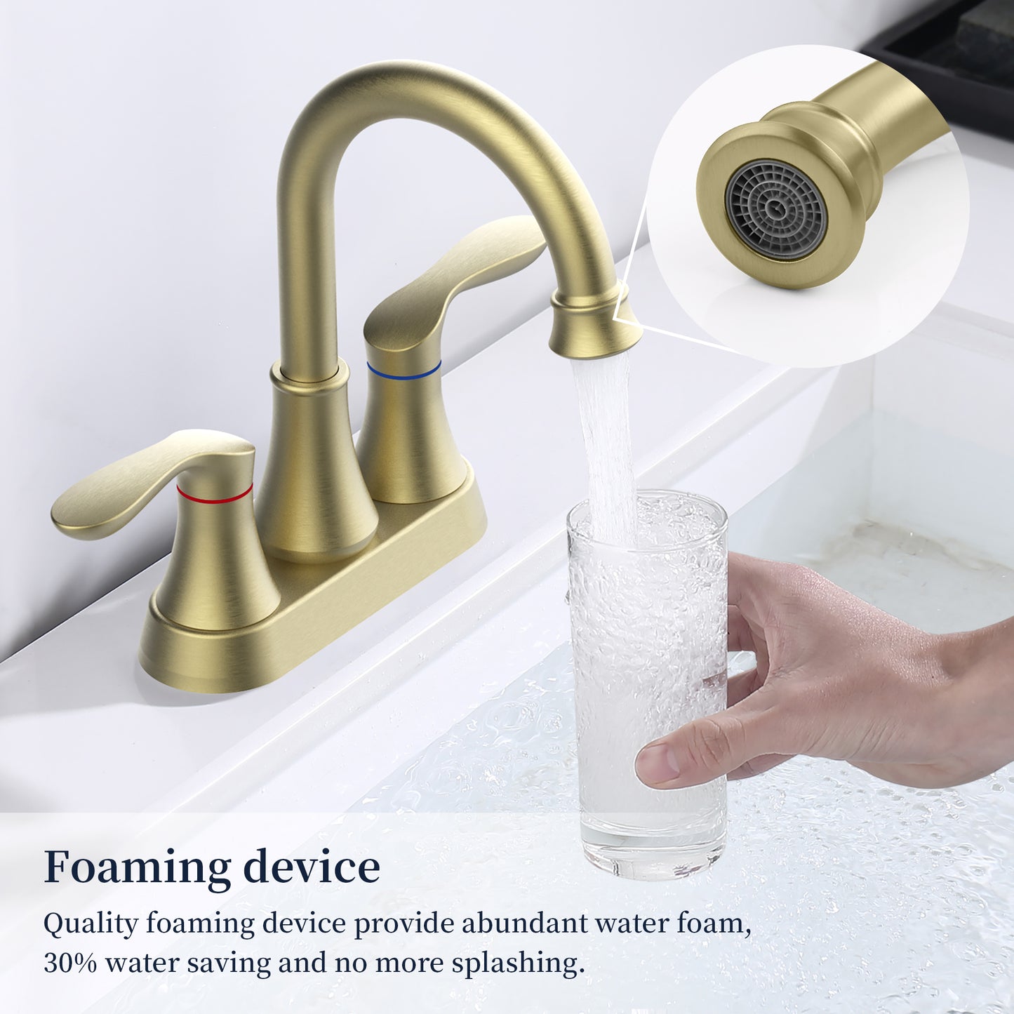 Bathroom Faucet Brushed Gold with Pop-up Drain & Supply Hoses 2-Handle 360 Degree High Arc Swivel Spout Centerset 4 Inch Vanity Sink Faucet