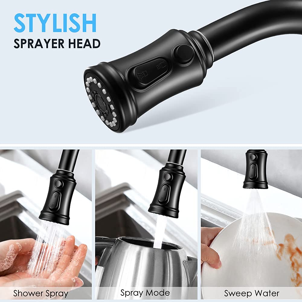 Kitchen Faucet- 3 Modes Pull Down Sprayer Kitchen Tap Faucet Head, Single Handle&Deck Plate for 1or3 Holes, 360° Rotation, Stainless Steel No Lead for RV Bar Home , Black