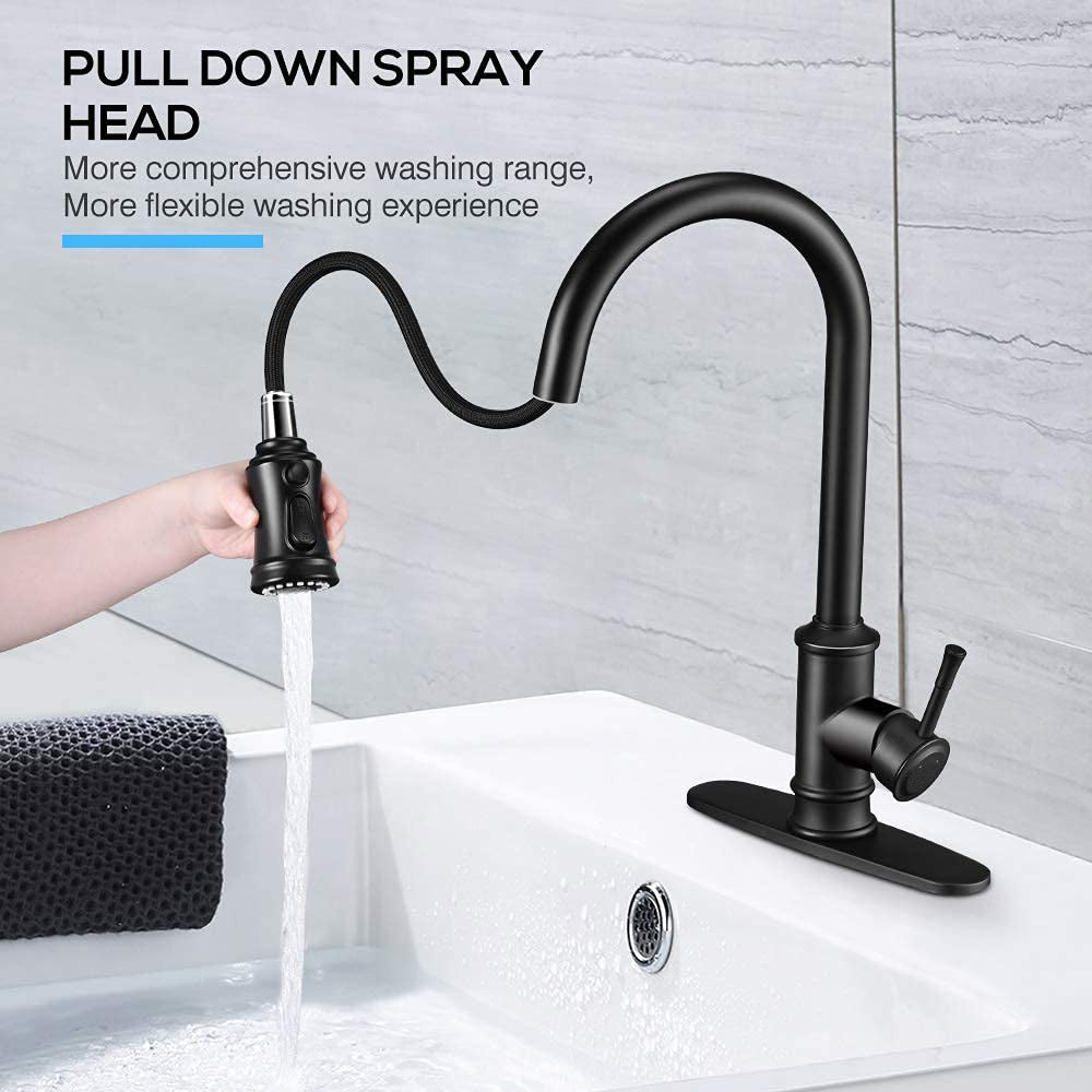 Kitchen Faucet- 3 Modes Pull Down Sprayer Kitchen Tap Faucet Head, Single Handle&Deck Plate for 1or3 Holes, 360° Rotation, Stainless Steel No Lead for RV Bar Home , Black