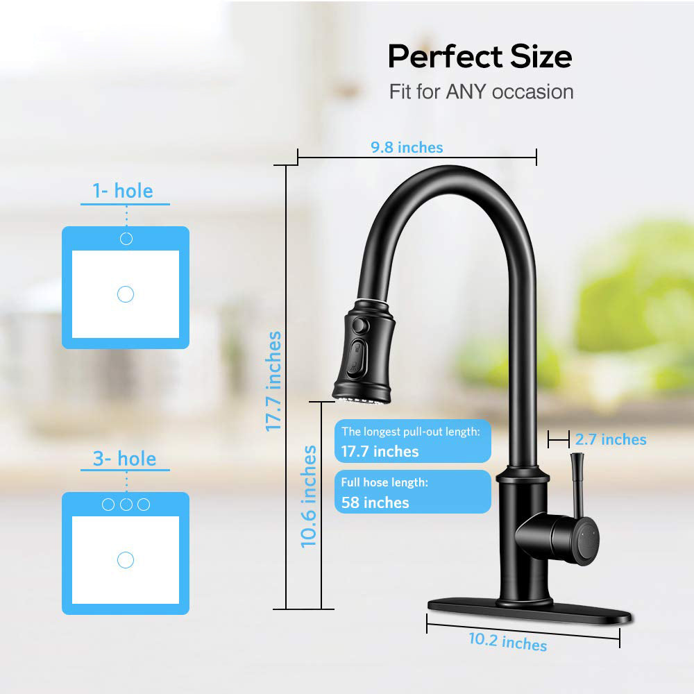 Kitchen Faucet- 3 Modes Pull Down Sprayer Kitchen Tap Faucet Head, Single Handle&Deck Plate for 1or3 Holes, 360° Rotation, Stainless Steel No Lead for RV Bar Home , Black