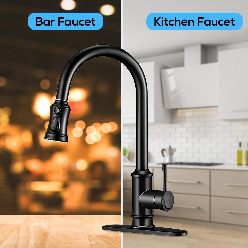 Kitchen Faucet- 3 Modes Pull Down Sprayer Kitchen Tap Faucet Head, Single Handle&Deck Plate for 1or3 Holes, 360° Rotation, Stainless Steel No Lead for RV Bar Home , Black