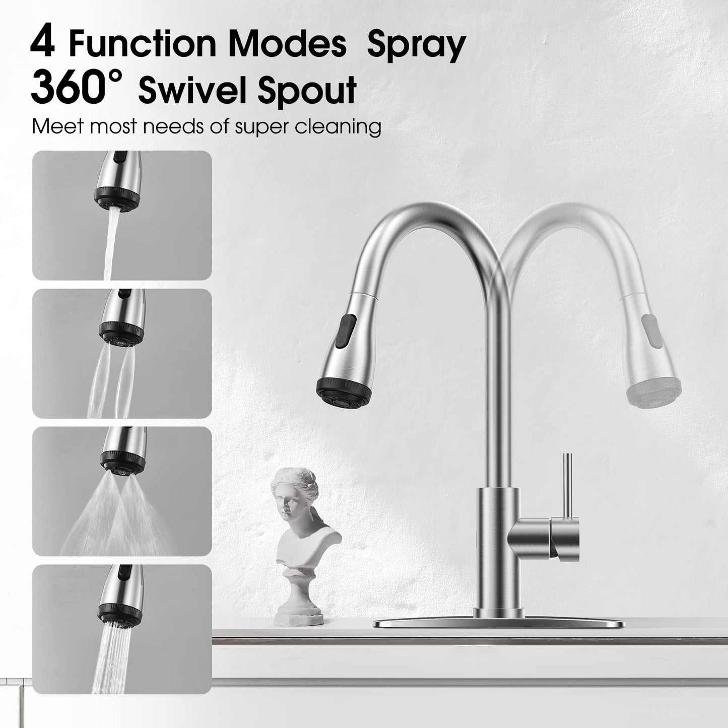 Touchless Kitchen Faucet-Smart Kitchen Sink Faucet sensor, 4Mode Pull Down Kitchen Sprayer, Fingerprint Resistant, Dual Temp. Handle with 1/3 Hole Deck Plate, Stainless Steel, Brushed Nickel