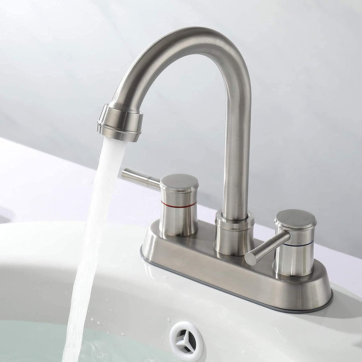 Bathroom Faucet with Pop-Up Sink Drain, Brushed Nickel Bathroom Sink Faucet 3-Hole Stainless Steel High Arc, Supply Utility Hose for Laundry Vanity Sink Faucet 2 Handle with Overflow