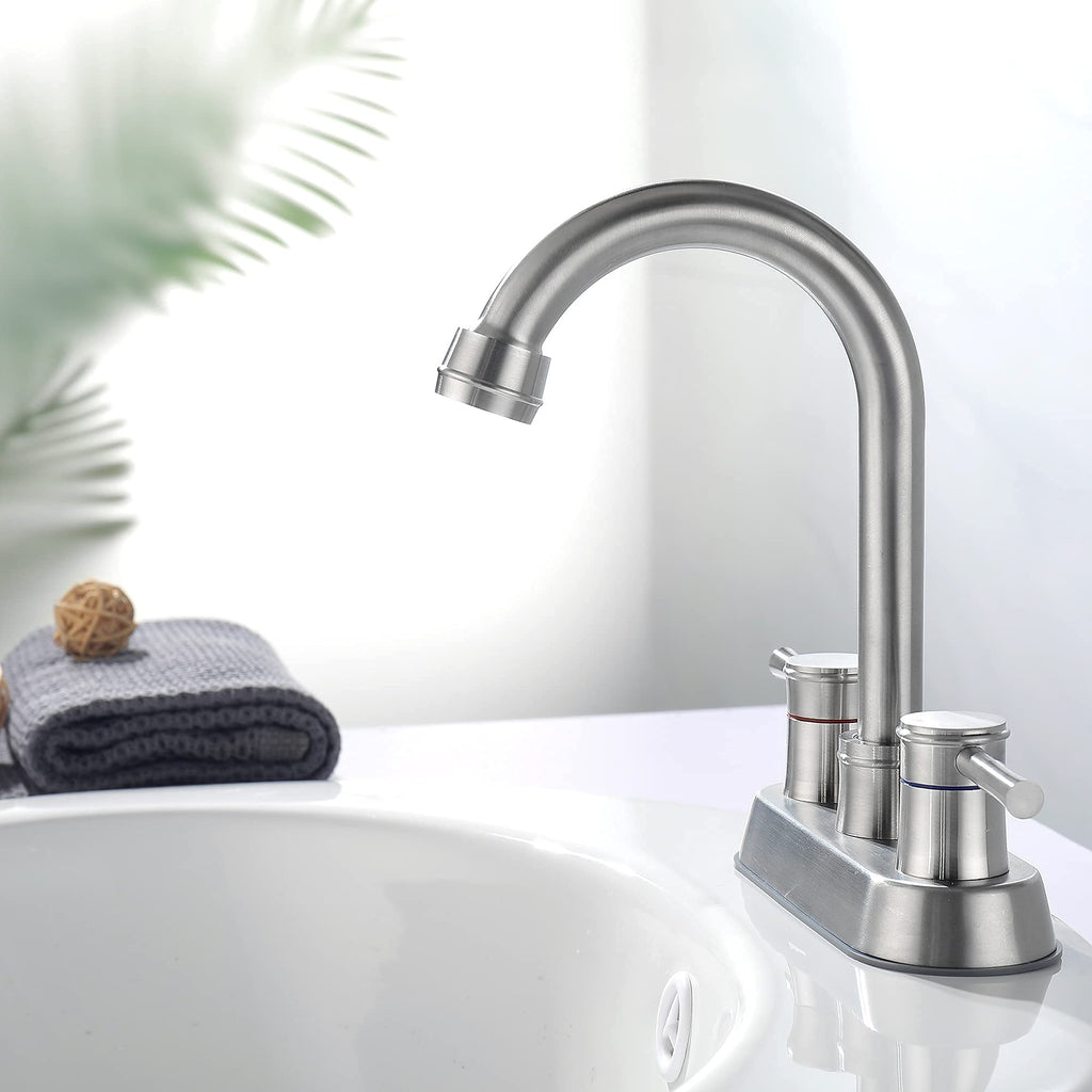 Bathroom Faucet with Pop-Up Sink Drain, Brushed Nickel Bathroom Sink Faucet 3-Hole Stainless Steel High Arc, Supply Utility Hose for Laundry Vanity Sink Faucet 2 Handle with Overflow
