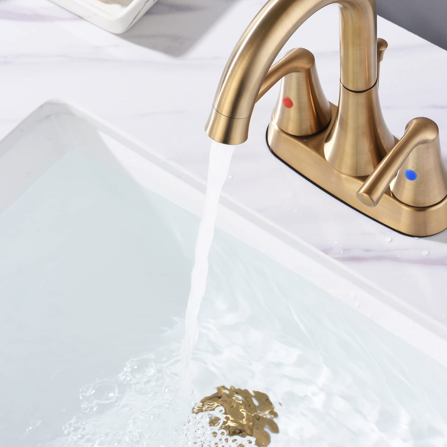 2 Handle Bathroom Faucet, 4 Inch Bathroom Sink Faucet Centerset with Pop-up Drain Stopper and Supply Hoses, RV Bathroom Faucet 2 Holes, Bathroom Faucet, Gold