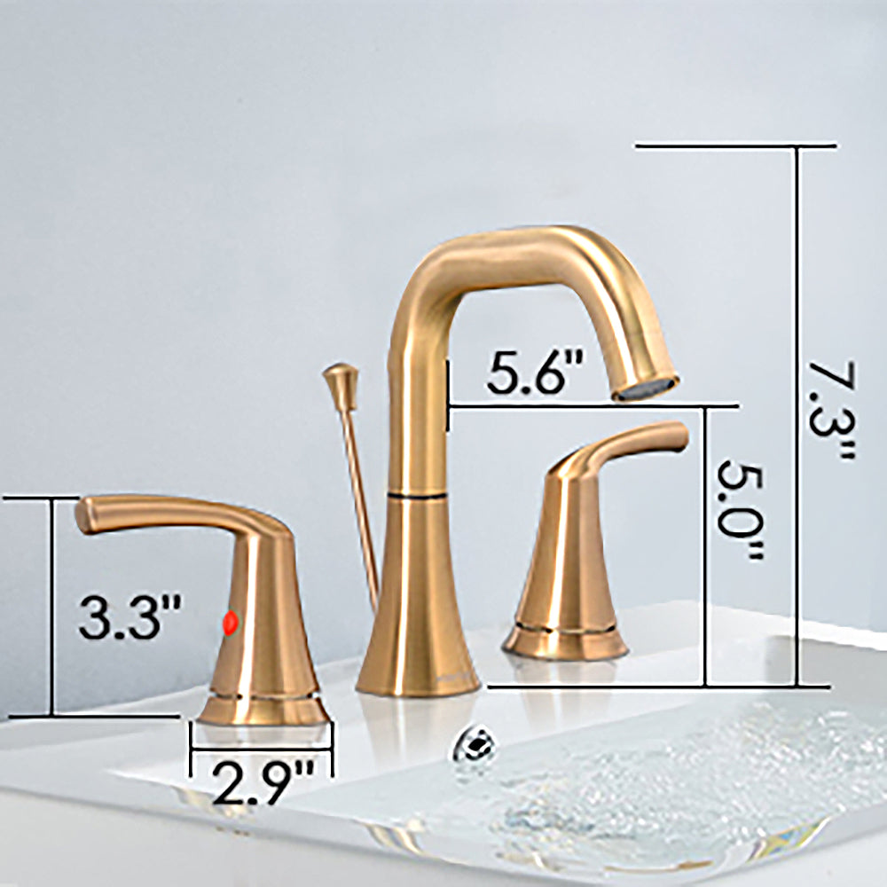 Bathroom Faucet 3 Hole - Bathroom Sink Faucet 2-Handle 3-Hole, Brushed Gold Widespread 8 Inch Bathroom Faucet with Pop Up Drain Assembly, Lavatory Bathroom Vanity Sink Faucet, 100% Lead-free