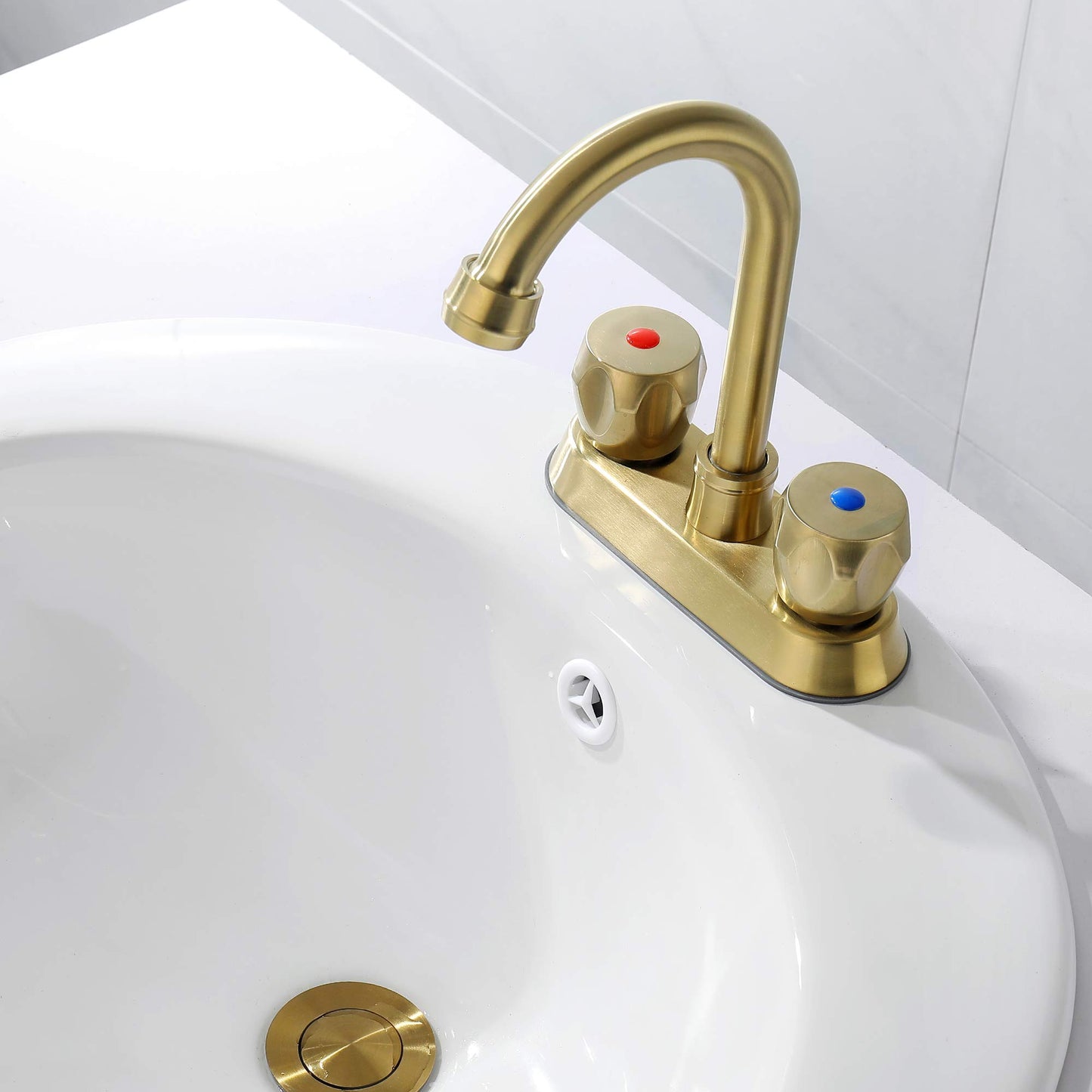 2 Handle Bathroom Sink Faucet, Centerset Bathroom Faucet with Pop-Up Sink Drain Stainless Steel with Overflow, Supply Utility Hose for Laundry Vanity,Brushed Gold 1.2 GPM