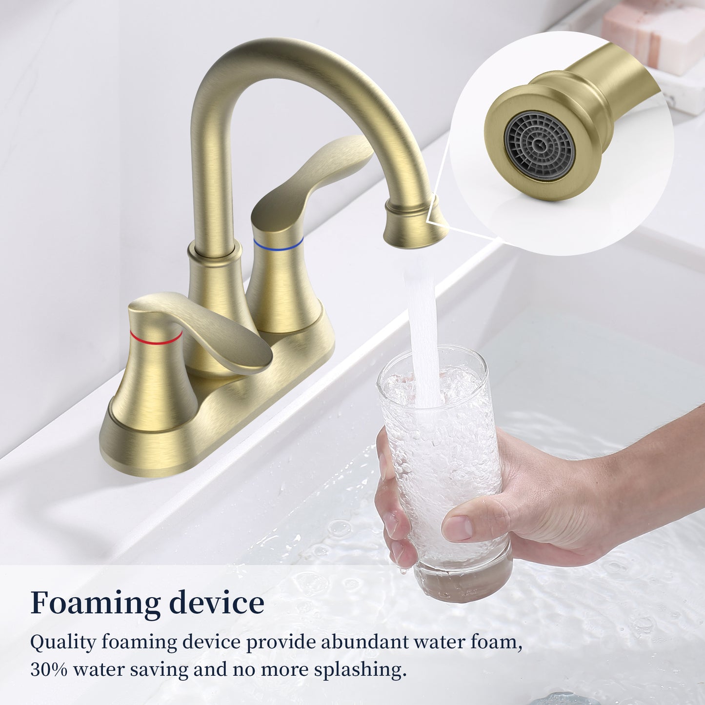 Bathroom Faucet Brushed Gold with Pop up Drain & Supply Hoses 2-Handle 360 Degree High Arc Swivel Spout Centerset 4 Inch Vanity Sink Faucet 4011B-NA