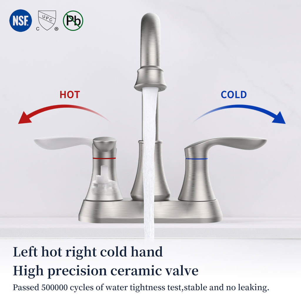 Bathroom Faucet Brushed Nickel with Pop-up Drain & Supply Hoses Two-Handle 360 Degree High Arc Swivel Spout Centerset 4 Inch Vanity Sink Faucet 4011B-NP