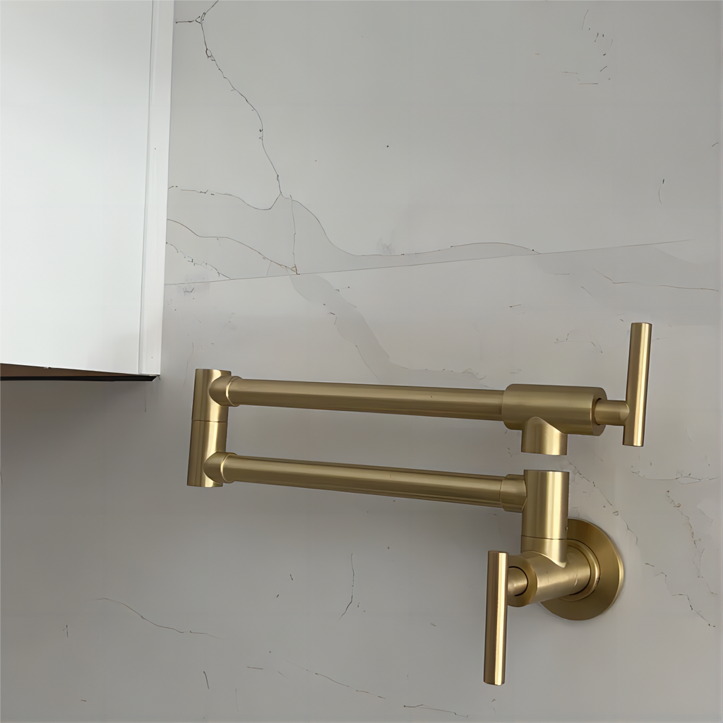 Gold Pot Filler Faucet Wall Mount Kitchen Folding Faucet with Double Joint Swing Arms, Two Handle Design