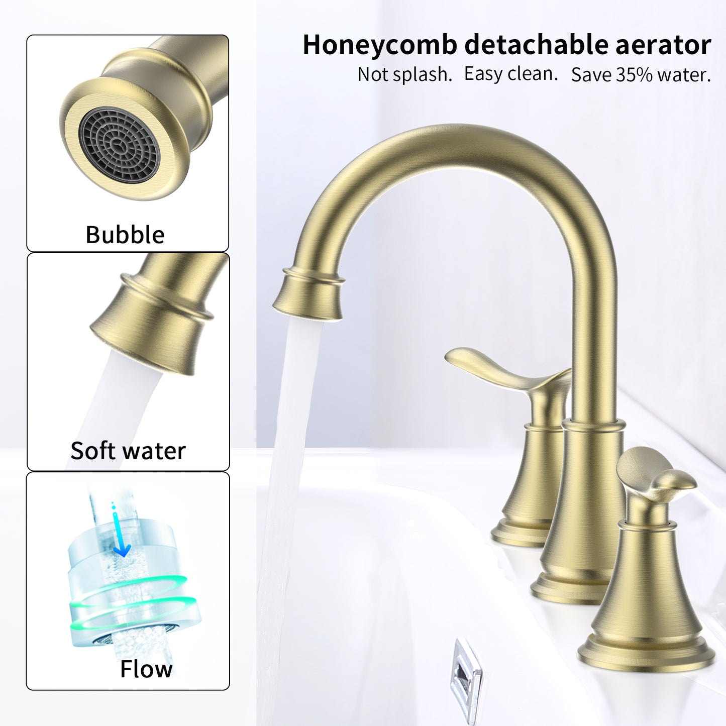 2-Handle 8 inch Widespread Bathroom Sink Faucet Brushed Gold Lavatory Faucet 3 Hole 360° Swivel Spout Vanity Sink Basin Faucets 3007B-NA