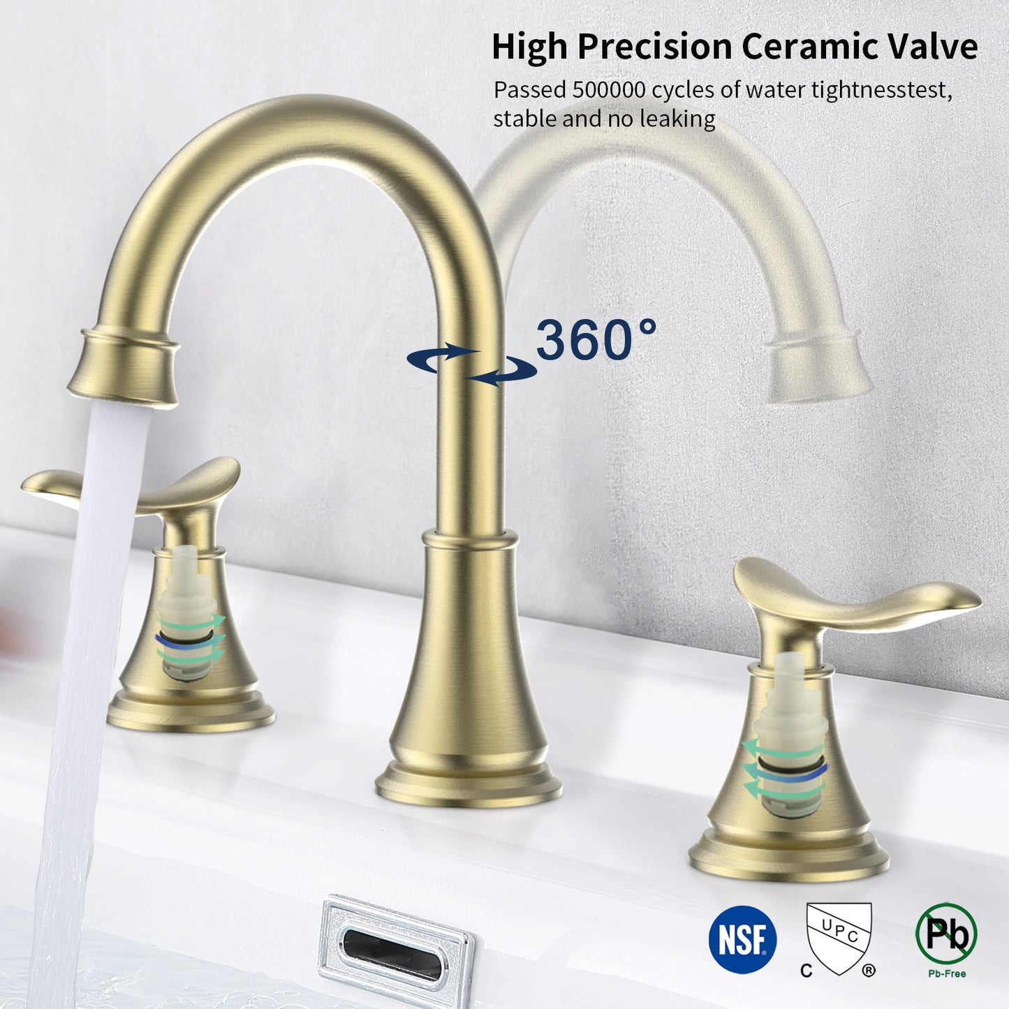 2-Handle 8 inch Widespread Bathroom Sink Faucet Brushed Gold Lavatory Faucet 3 Hole 360° Swivel Spout Vanity Sink Basin Faucets 3007B-NA