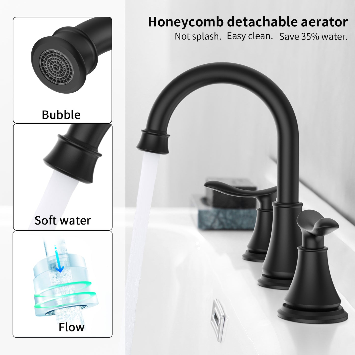 2-Handle 8 inch Widespread Bathroom Sink Faucet Matt Black Lavatory Faucet 3 Hole 360° Swivel Spout Vanity Sink Basin Faucets 3007B-MB