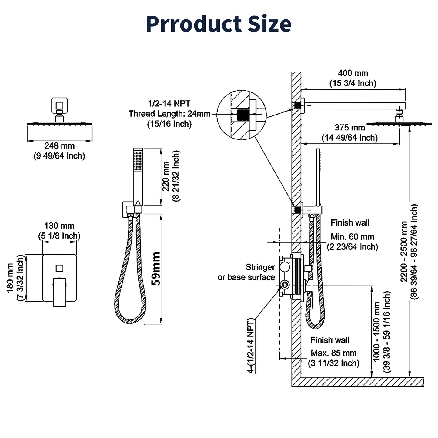 Shower System Shower Faucet Combo Set Wall Mounted with 10" Rainfall Shower Head and handheld shower faucet, Matt Black Finish with Brass Valve Rough-In