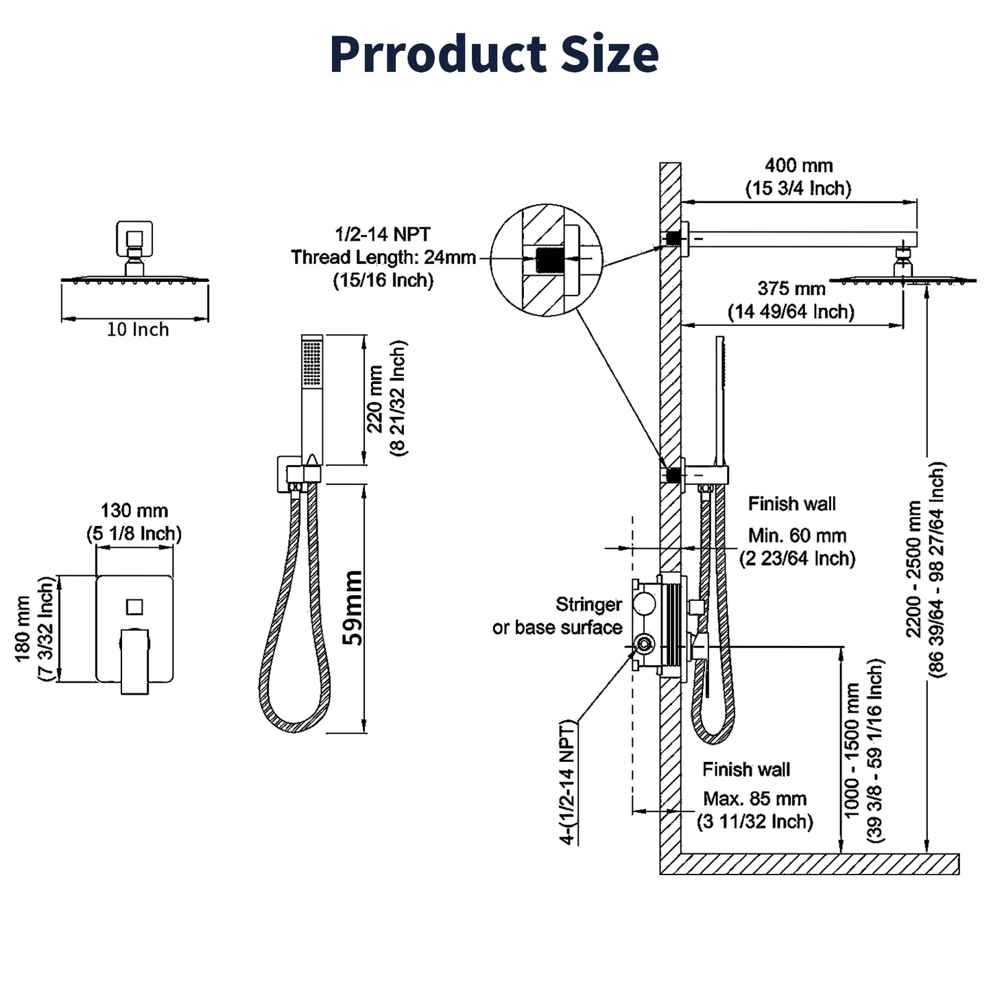 Shower System Shower Faucet Combo Set Wall Mounted with 10" Rainfall Shower Head and handheld shower faucet, Chrome Finish with Brass Valve Rough-In