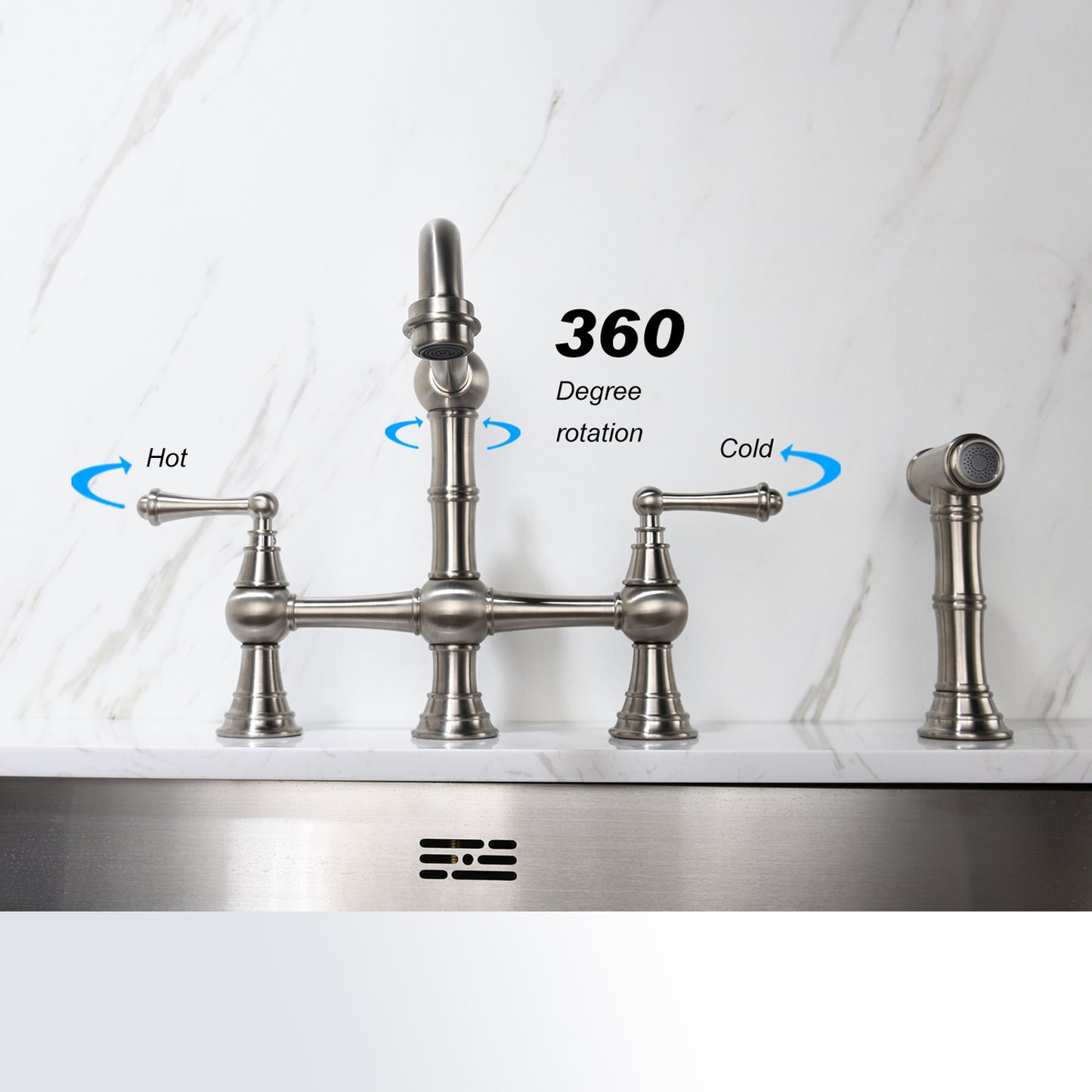 Kitchen sink faucet with pull-out side spray, modern and chic bridge shaped double handle rotary nozzle solid basin faucet