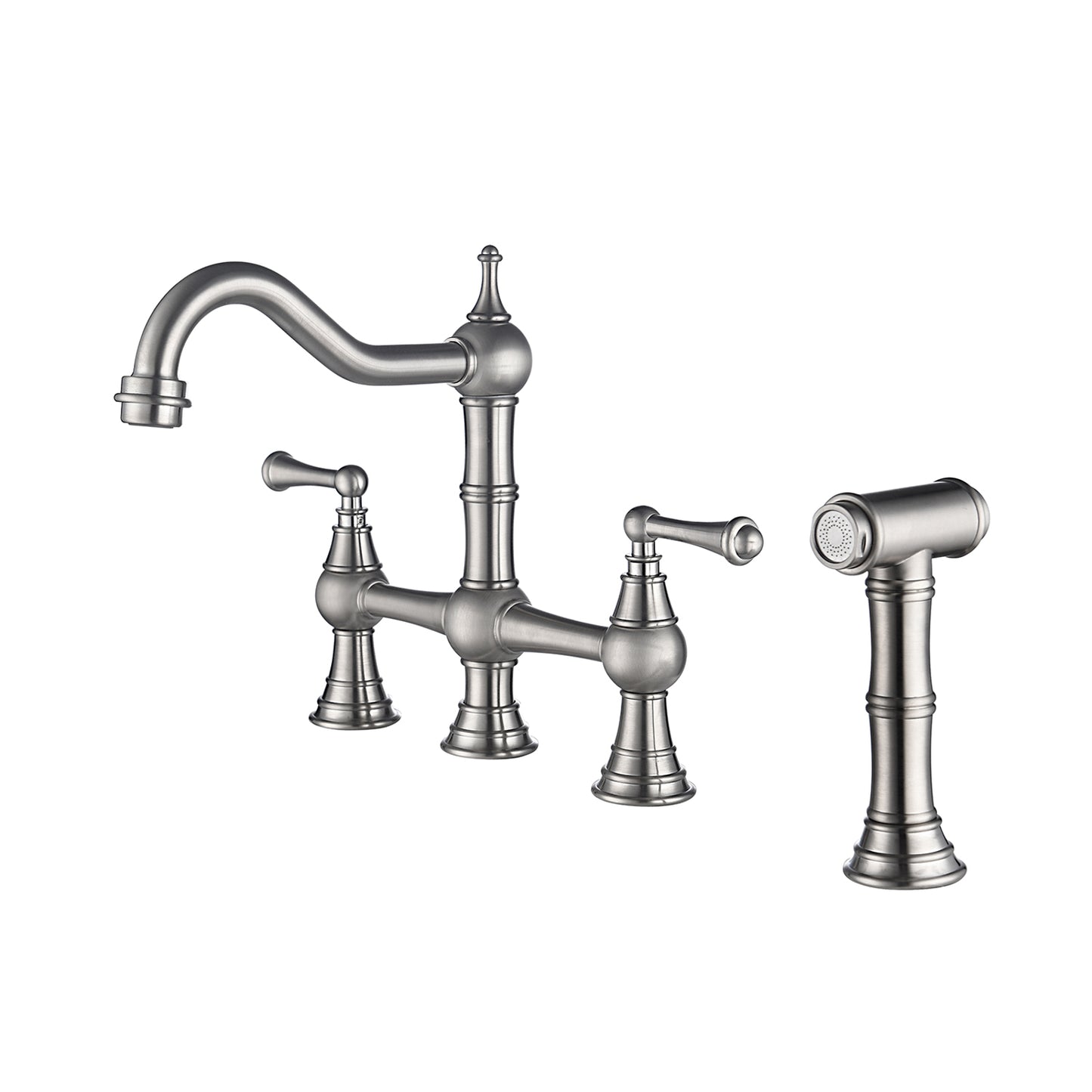 Kitchen sink faucet with pull-out side spray, modern and chic bridge shaped double handle rotary nozzle solid basin faucet