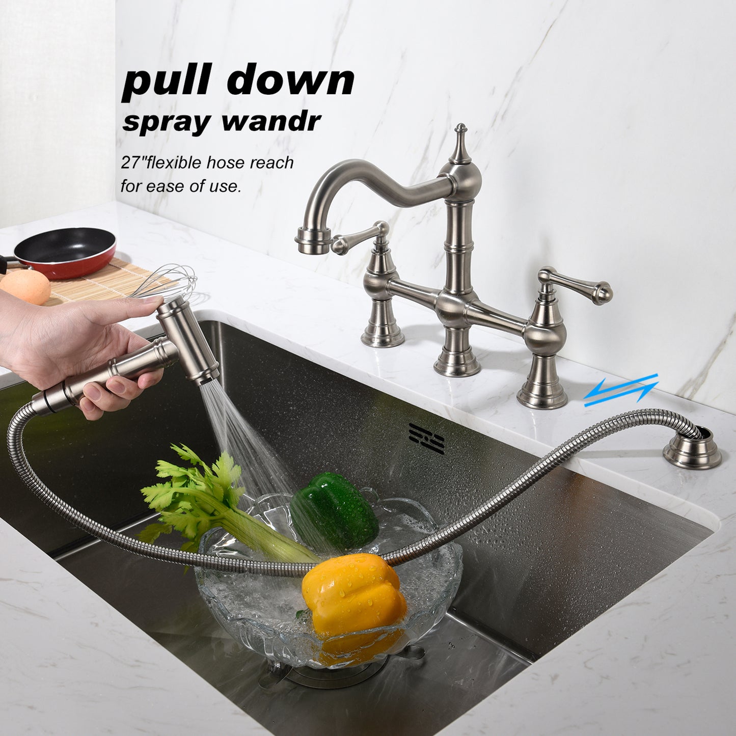 Kitchen sink faucet with pull-out side spray, modern and chic bridge shaped double handle rotary nozzle solid basin faucet