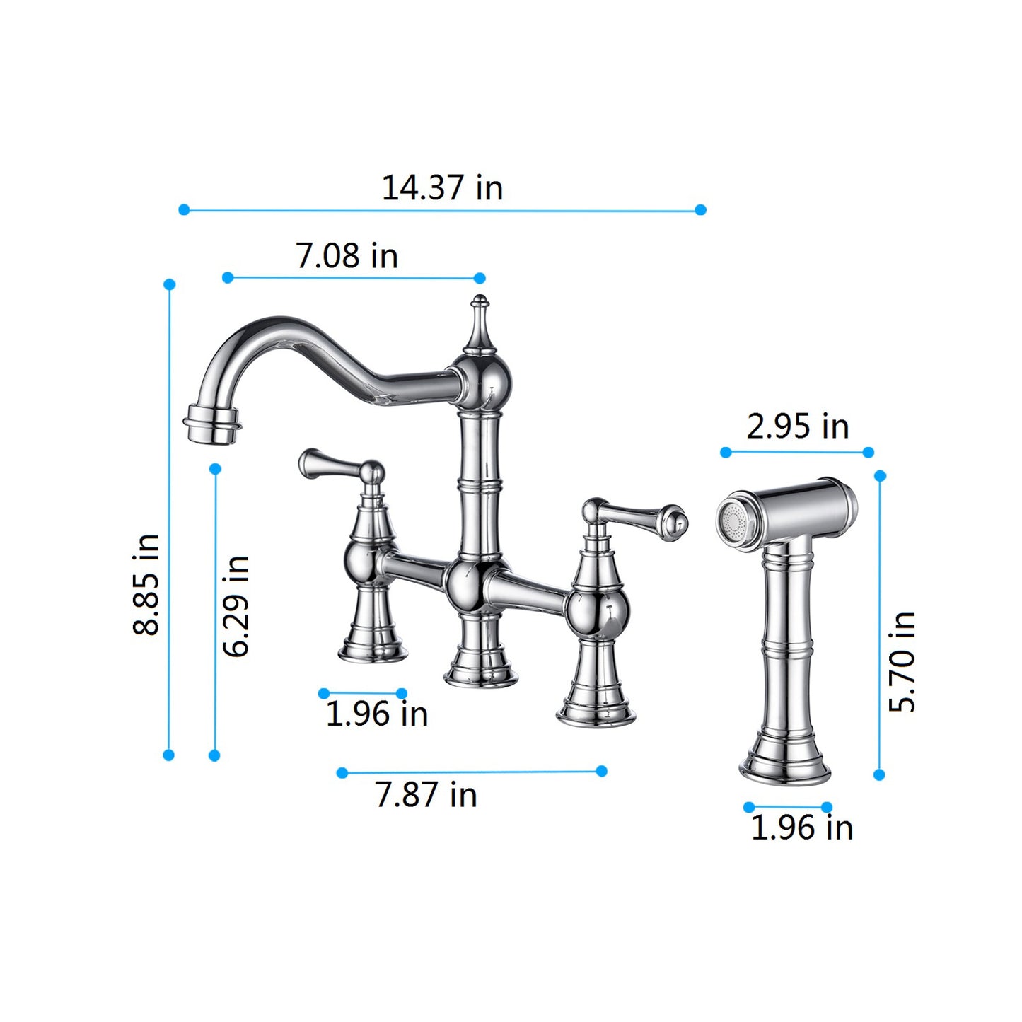 Kitchen sink faucet with pull-out side spray, modern and chic bridge shaped double handle rotary nozzle solid basin faucet