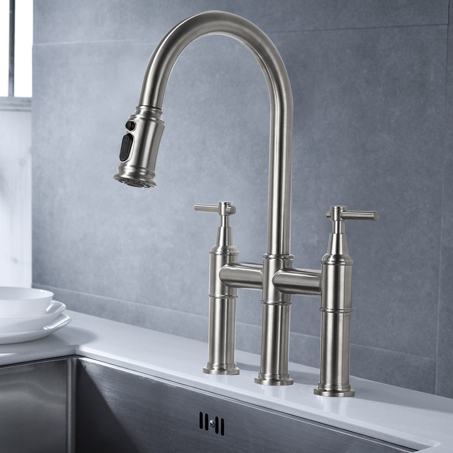 Pull Down Double Handle Kitchen Faucet