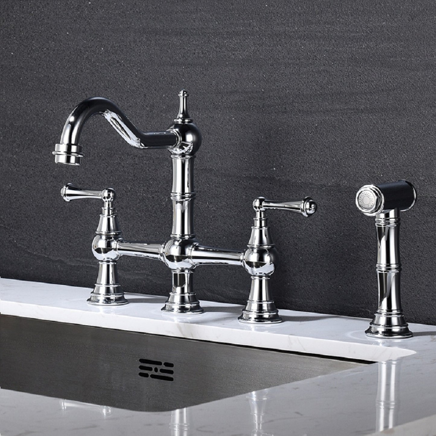 Kitchen sink faucet with pull-out side spray, modern and chic bridge shaped double handle rotary nozzle solid basin faucet