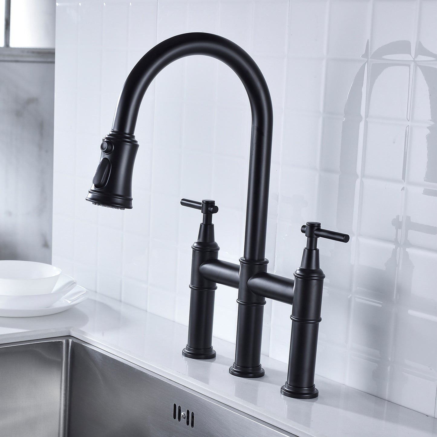 Pull Down Double Handle Kitchen Faucet