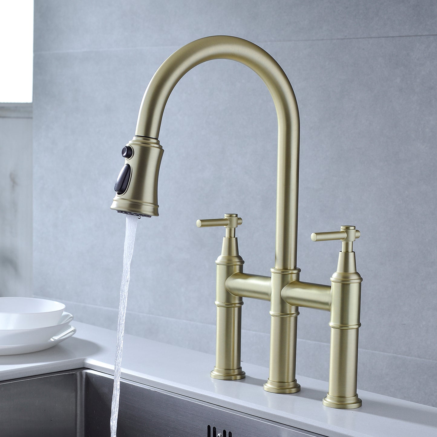 Pull Down Double Handle Kitchen Faucet