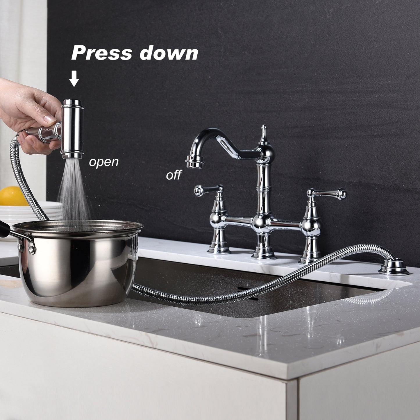 Kitchen sink faucet with pull-out side spray, modern and chic bridge shaped double handle rotary nozzle solid basin faucet