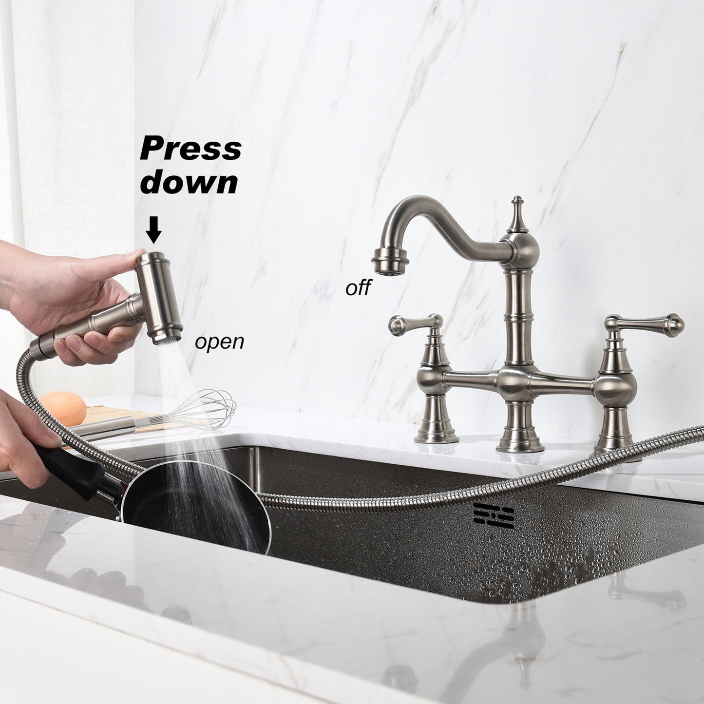 Kitchen sink faucet with pull-out side spray, modern and chic bridge shaped double handle rotary nozzle solid basin faucet