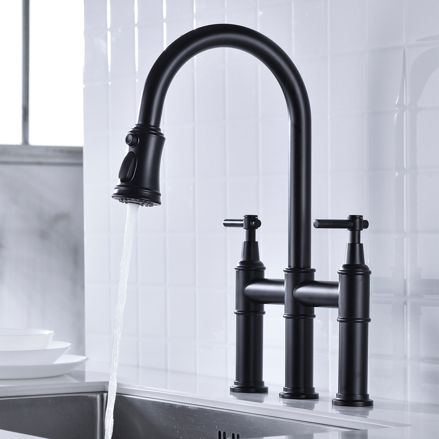 Pull Down Double Handle Kitchen Faucet