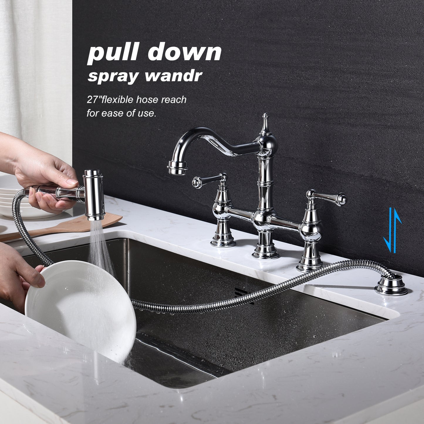 Kitchen sink faucet with pull-out side spray, modern and chic bridge shaped double handle rotary nozzle solid basin faucet