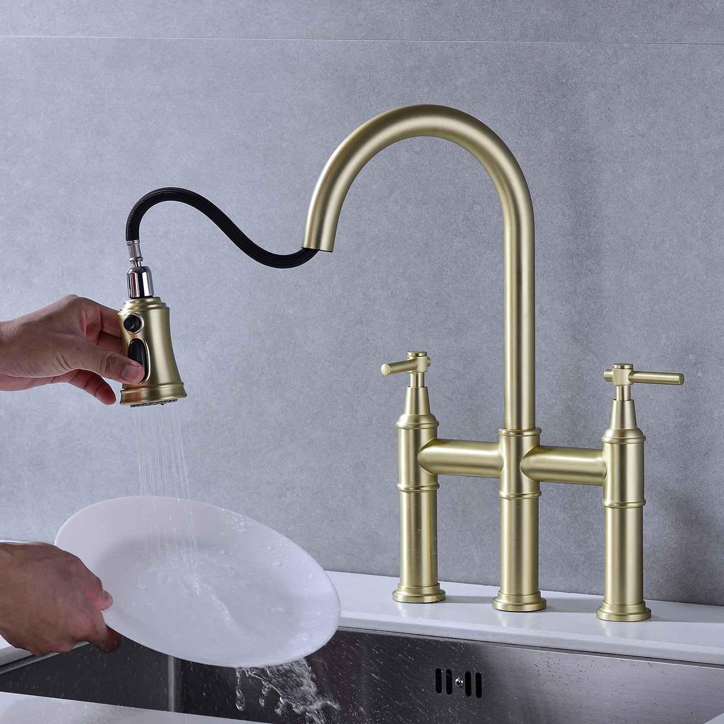 Pull Down Double Handle Kitchen Faucet