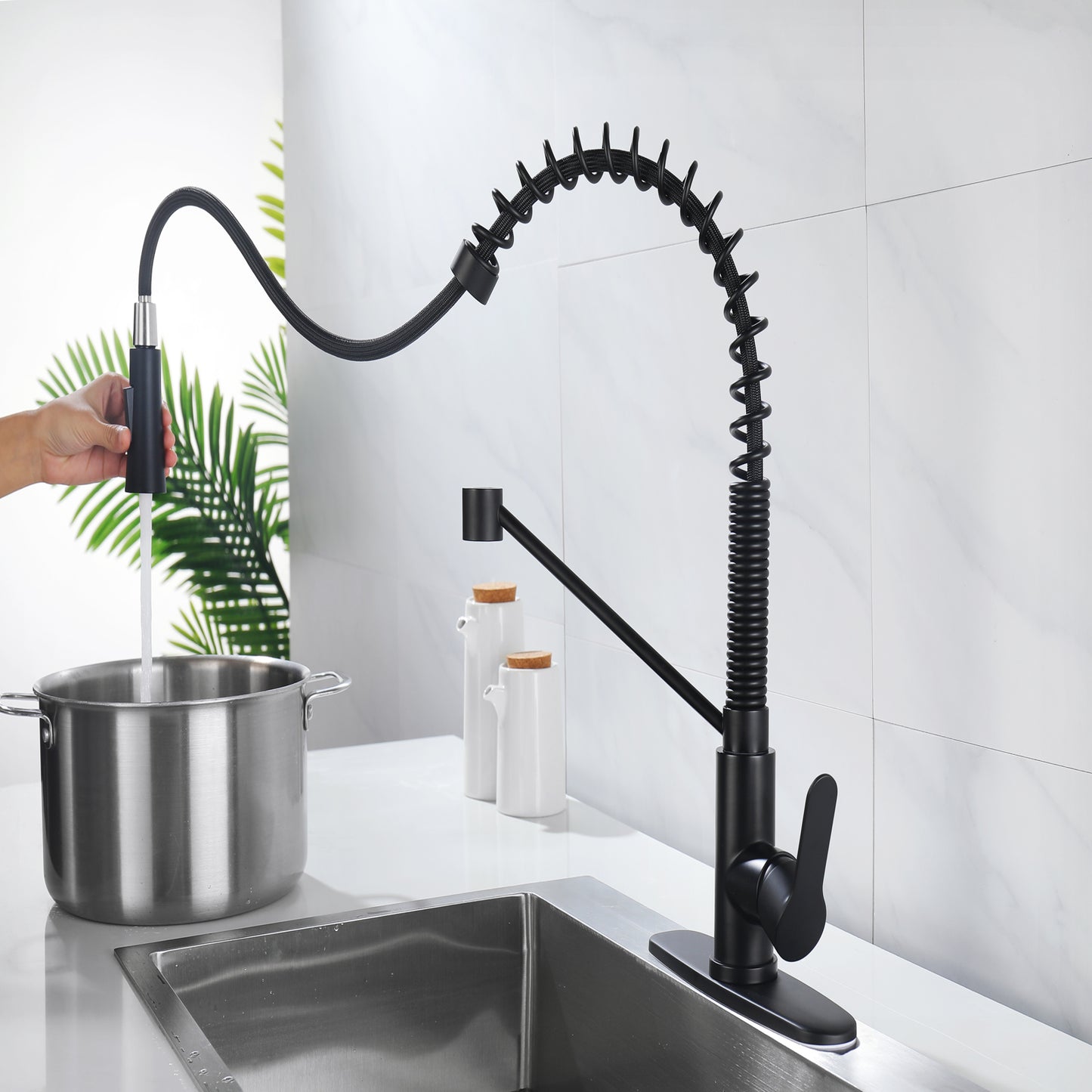 Matte Black Kitchen Faucet with Soap Dispenser Single Handle Kitchen Sink Faucet with Pull Down Sprayer Utility Sink Faucet Single Hole for Laundry Sink Stainless Steel 1.8 GPM