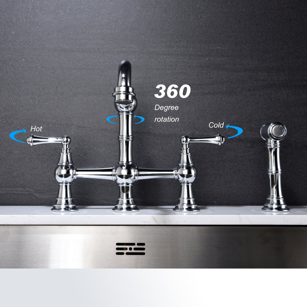 Kitchen sink faucet with pull-out side spray, modern and chic bridge shaped double handle rotary nozzle solid basin faucet